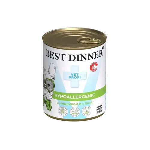 Бест Диннер для собак Гипо с индейкой и уткой (Best Dinner Hypoallergenic), 340 г.