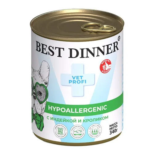 Бест Диннер для собак Гипо (Best Dinner Hypoallergenic) С индейкой и кроликом, 340г.